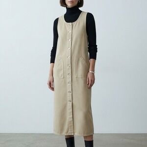 90s Minimalist Khaki Jumper Overall Dress Size Large Utilitarian Workwear